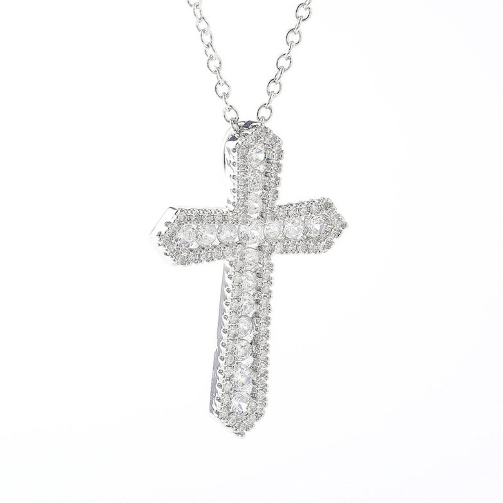 NEW Silver Round Diamond Holy Cross Necklace - Picture 8 of 8